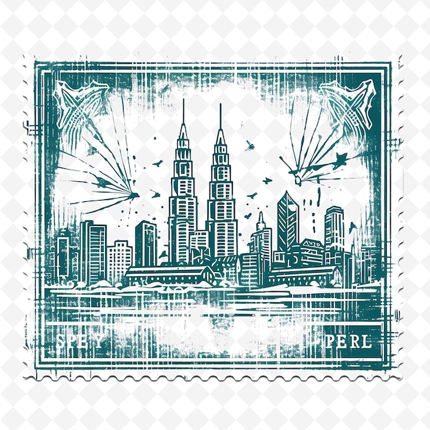 PSD png kuala lumpur ville avec monochrome couleur turquoise petronas t aquarelle dessinée à la main paysages