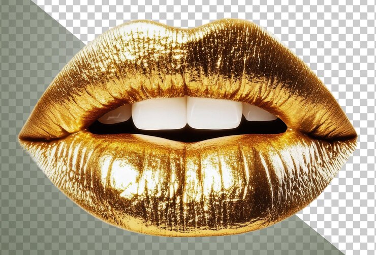 PSD png labios dorados brillantes y dientes blancos perfectos