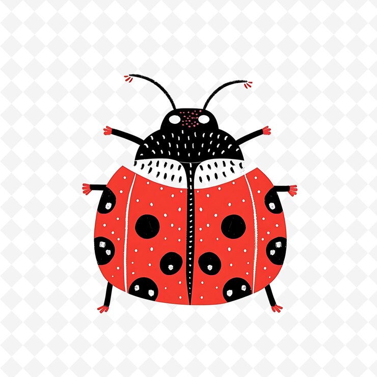 PSD png ladybug feliz con formas de puntos polcas dispuestas como un patrón ilustración plana carácter lindo