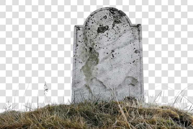 PSD png lápida desgastada en el césped cubierto de hierba