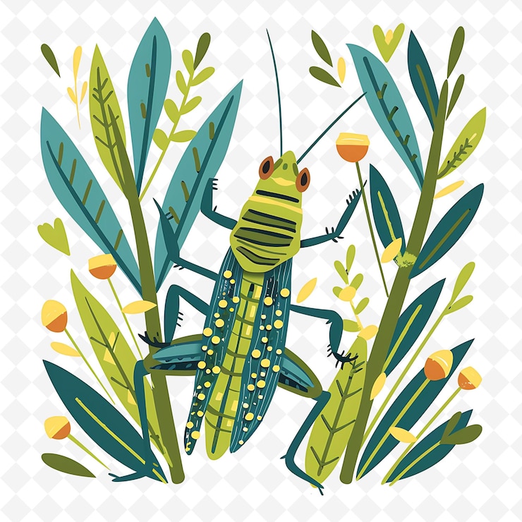 PSD png lebhafte heuschrecke mit blattformen, die wie eine wiese angeordnet sind l flache illustration niedlicher charakter