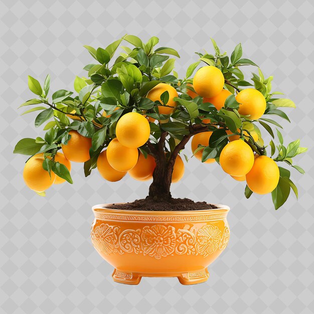 PSD png lemon bonsai tree terracotta pot feuilles brillantes citrus concept transparent décor d'arbres variés