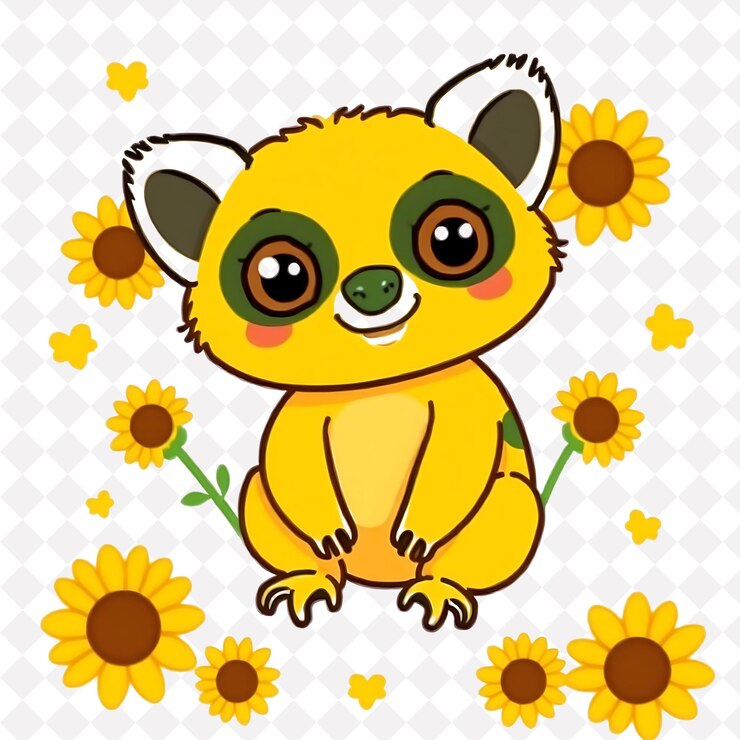 PSD png lémur animado con formas de girasol esparcidas alrededor de un diseño animal brillante y alegre y lindo