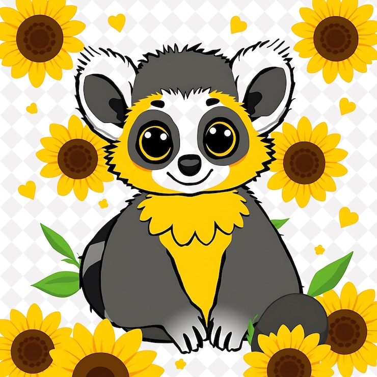 PSD png lémur animado con formas de girasol esparcidas alrededor de un diseño animal brillante y alegre y lindo