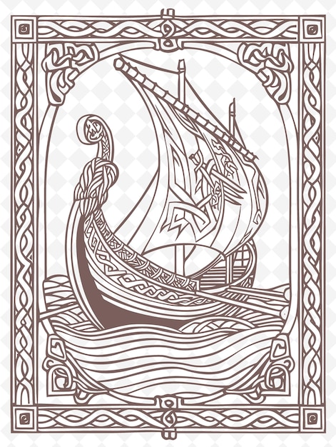 Png león vikingo arte del marco del barco con remos y decoraciones de olas b ilustración arte del marco decorativo