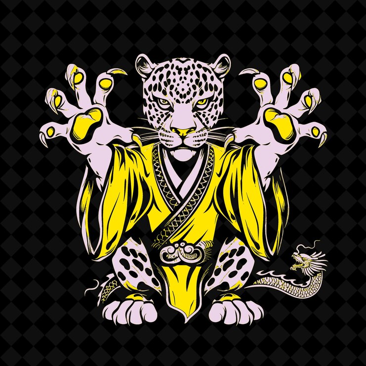 PSD png leopardo saltando con una túnica de dragón chino y garras vector de diseño de esquema de la mascota animal