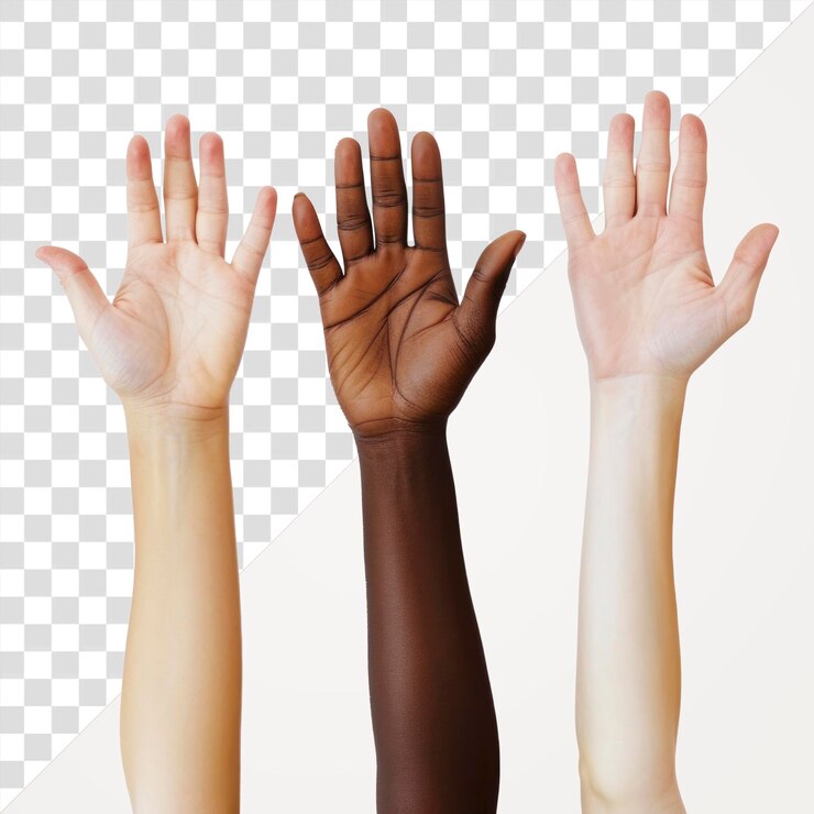 PSD png levantando las manos de 3 personas de razas mixtas con dedos gestando adultos