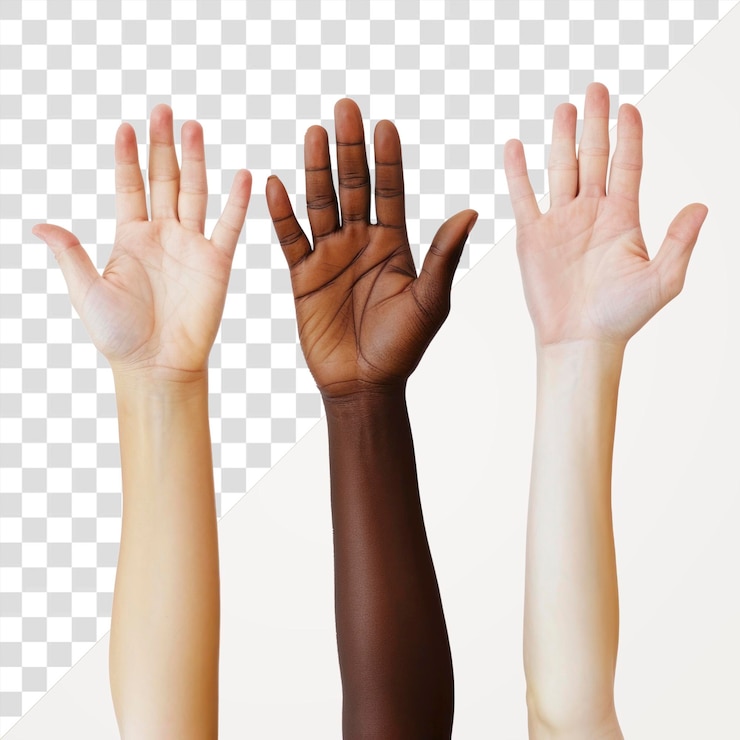 PSD png levantando las manos de 3 personas de razas mixtas con dedos gestando adultos