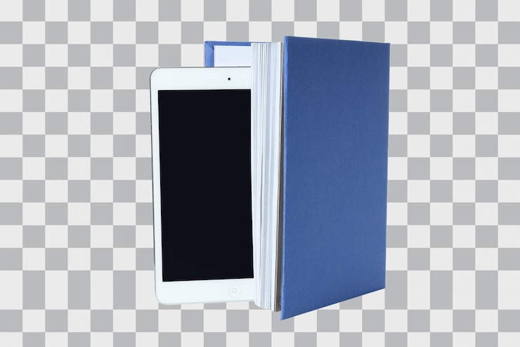 PSD png de un libro con una tableta aislada sobre un fondo blanco