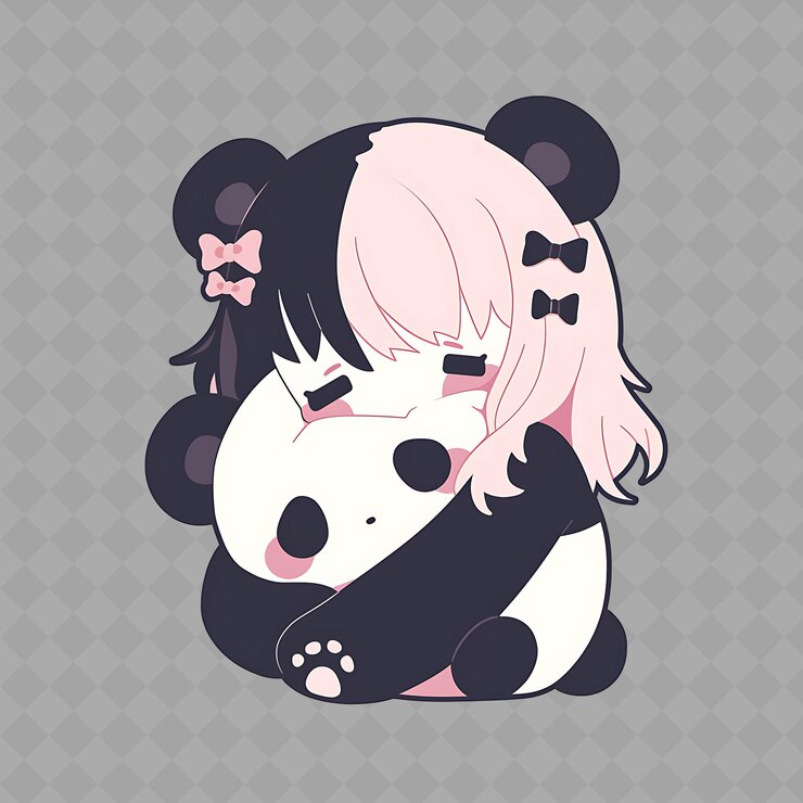 PSD png lindo y acurrucado anime chica panda con pelaje blanco y negro hu colección creativa de pegatinas chibi