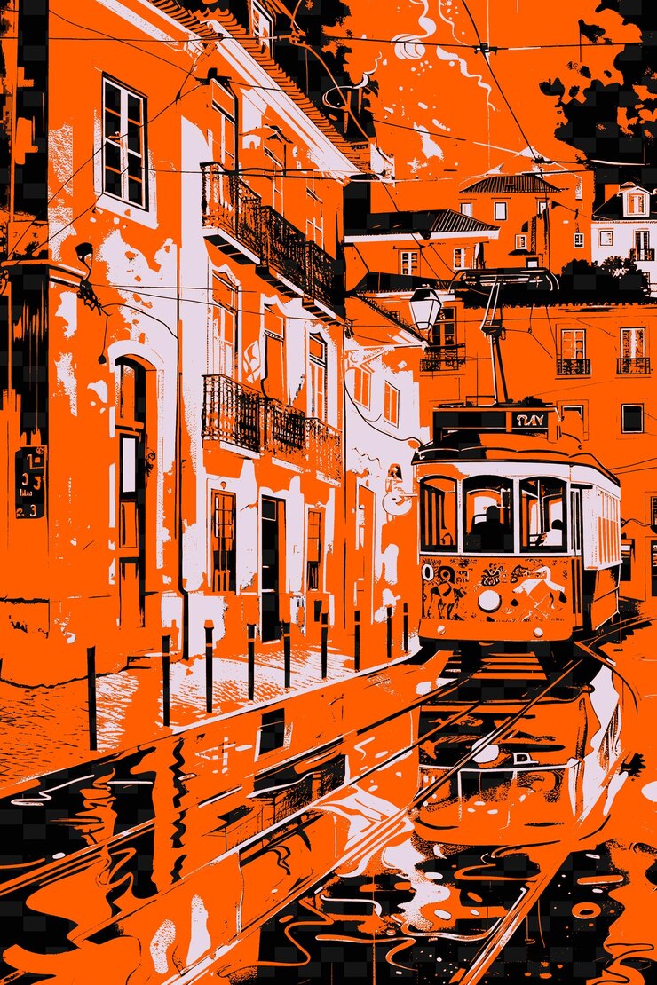 PSD png lisbons alfama with colorful street scene and moorish archit illustration citys scene art decor