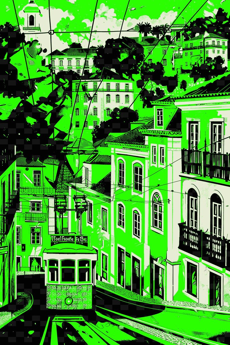PSD png lisbons alfama with colorful street scene and moorish archit illustration citys scene art decor