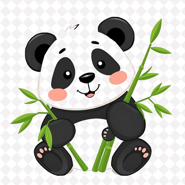 PSD png lovable panda con brotes de bambú extendidos en blanco y negro con diseño de animales verdes y lindos