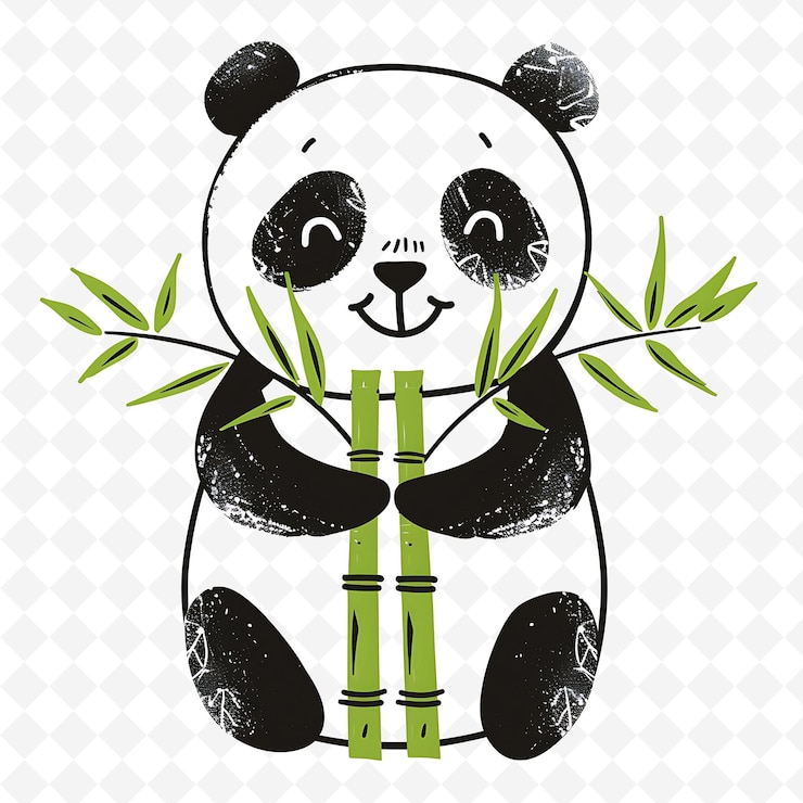 PSD png lovable panda con brotes de bambú extendidos en blanco y negro ilustración plana carácter lindo
