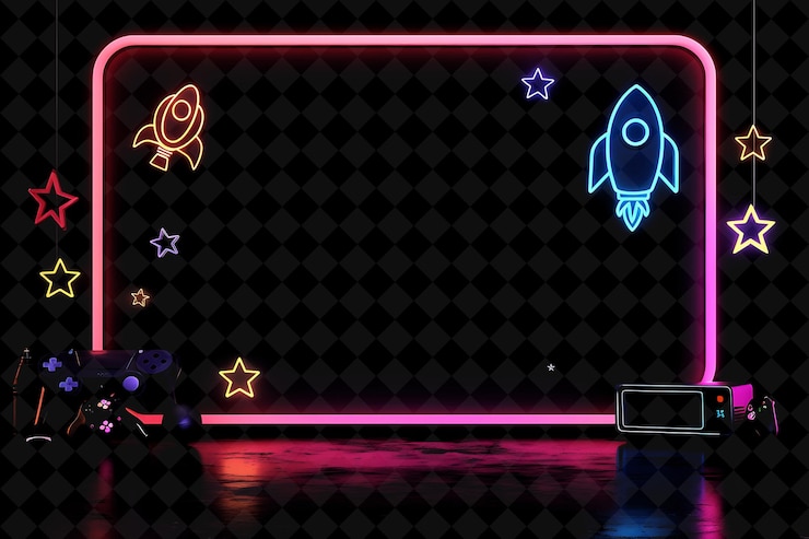 PSD png luminous infinity frame presenta dogecoin con la forma di neon della navicella spaziale y2k su sfondo scuro