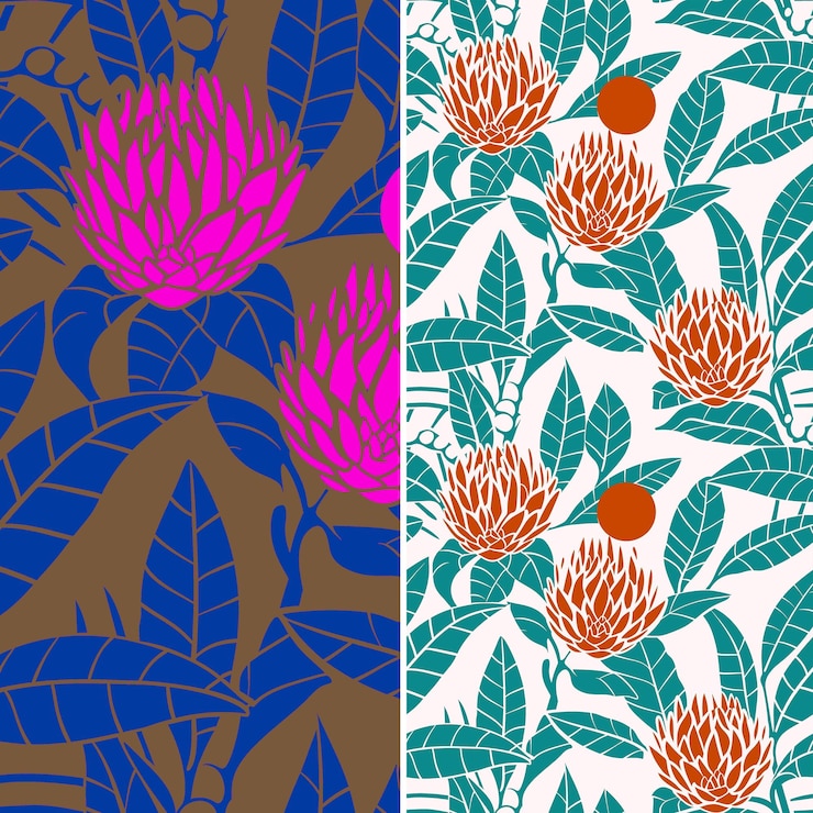 PSD png lush protea fleurs avec silhouette de feuille de philodendron et dessin artistique de contour de modèle de st nature