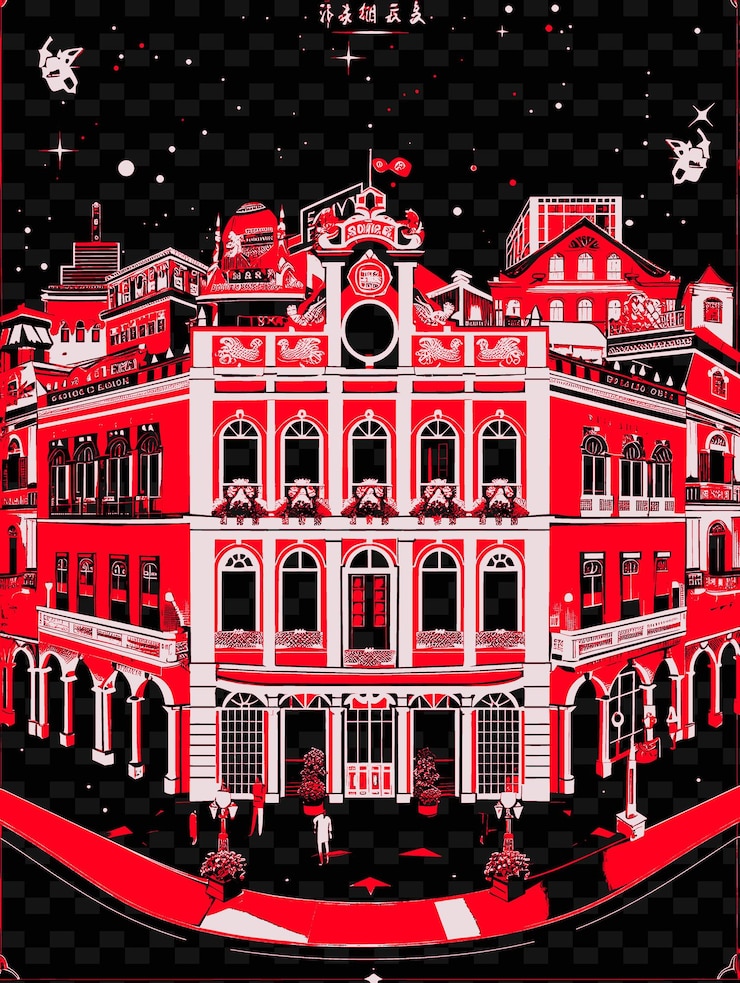 PSD png macaus piazza del senado con scena stradale in stile europeo pastel illustrazione cittas scena decorazione artistica