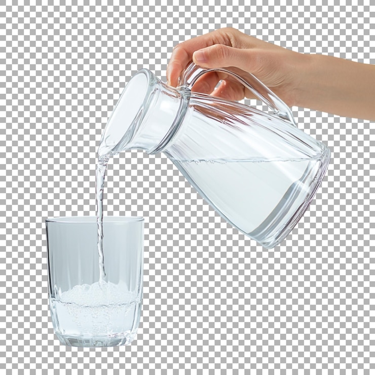 PSD png con la mano sosteniendo una jarra de vidrio de agua y vertiendo agua en vidrio en un fondo transparente