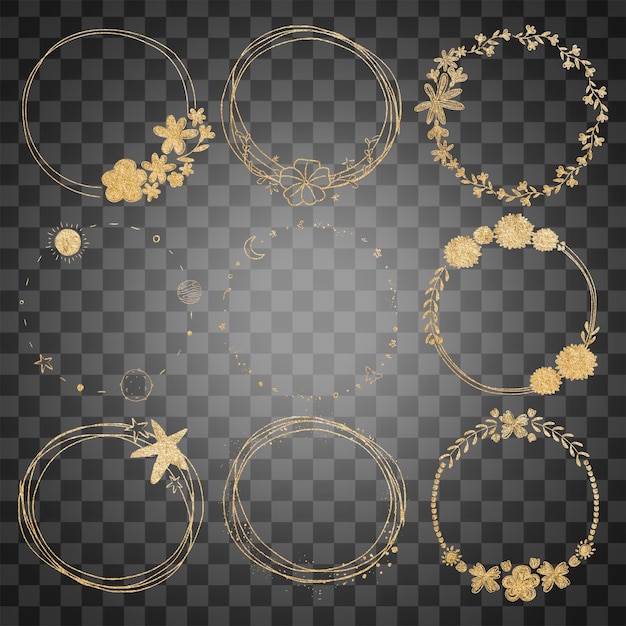 Png marco de corona floral conjunto efecto oro