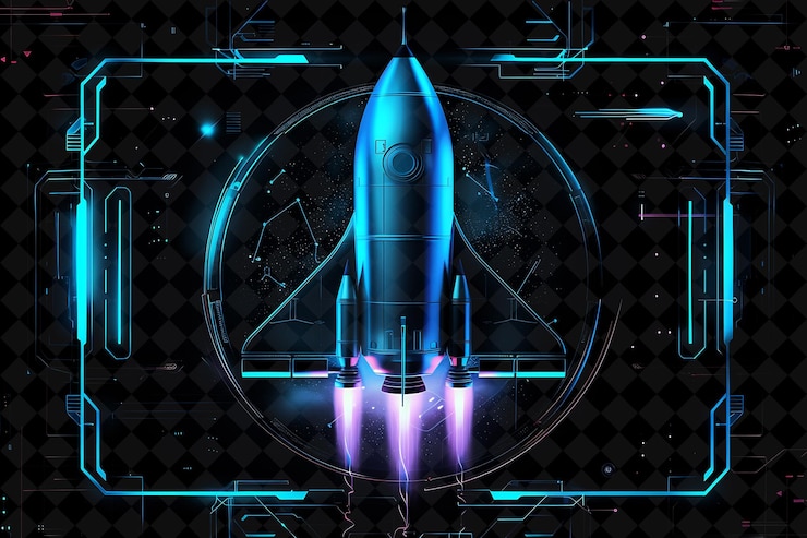 PSD png marco de nave espacial futurista que rodea a omisego con cohetes forma de neón y2k en fondo oscuro