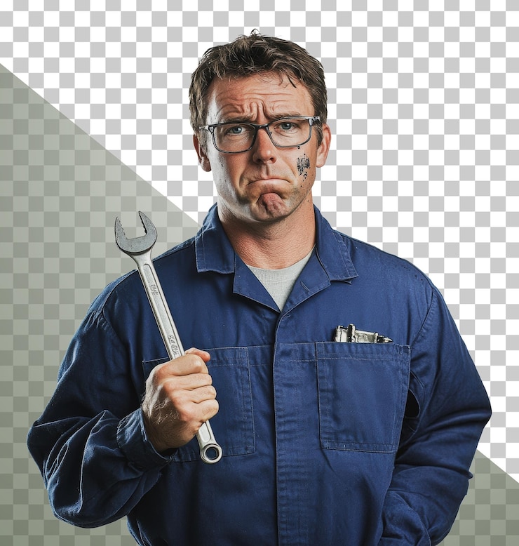 PSD png mecânico preocupado com chave inglesa