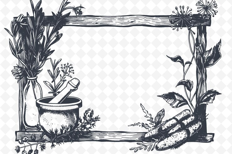 PSD png medieval apothecary frame art com feixes de ervas e argamassa uma ilustração frame art decorative