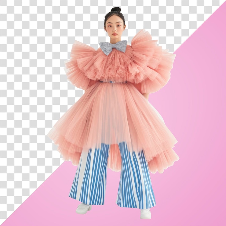 PSD png una modelo asiática con un vestido de tulle rosa con pantalones anchos de rayas azules y blancas de alta vanguardia de moda