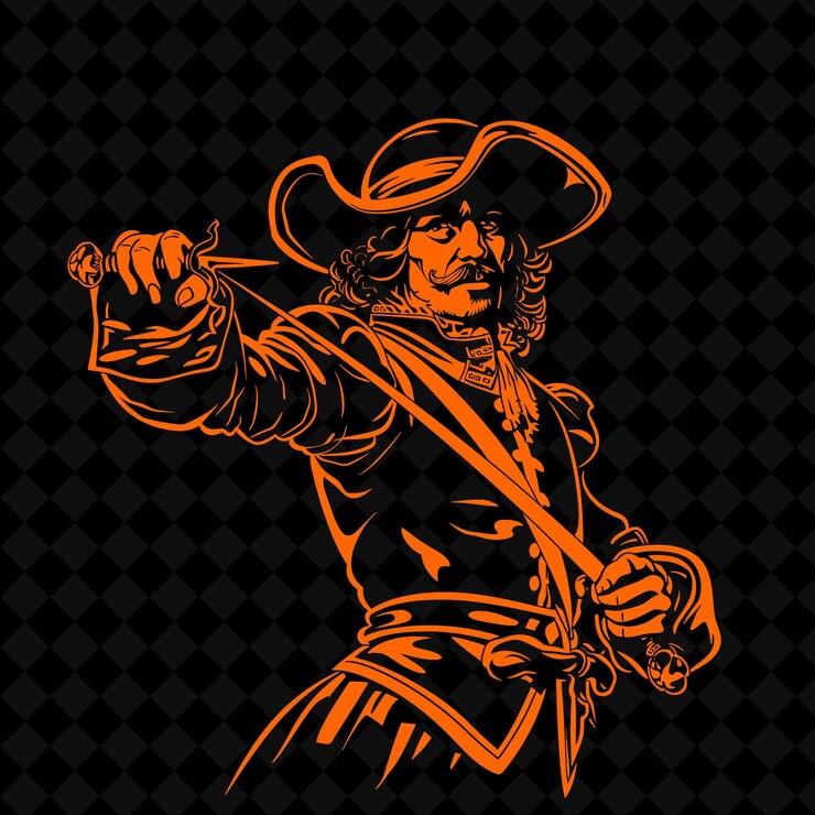 PSD png mosqueteiro con un rapier elegante y elegante posando con una forma de personaje de guerrero medieval