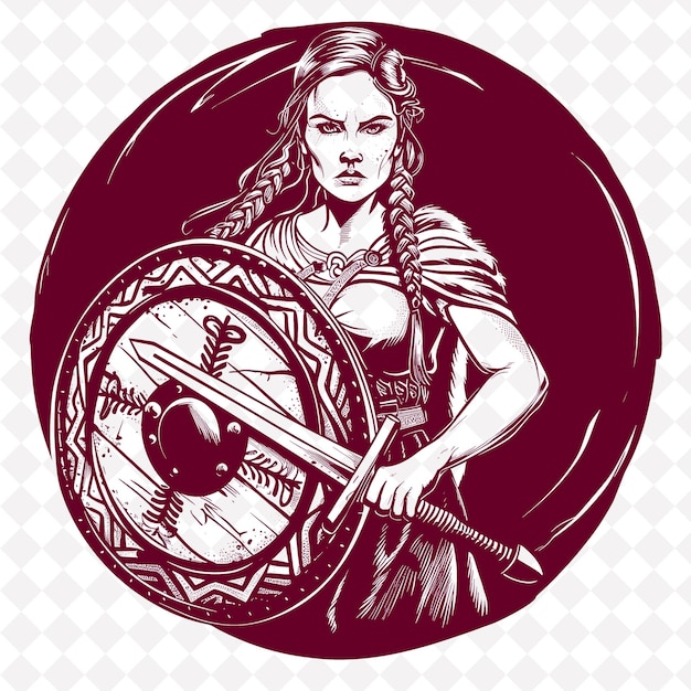 PSD png mujer escudera vikinga con un escudo redondo con una forma de personaje de guerrero medieval determinada