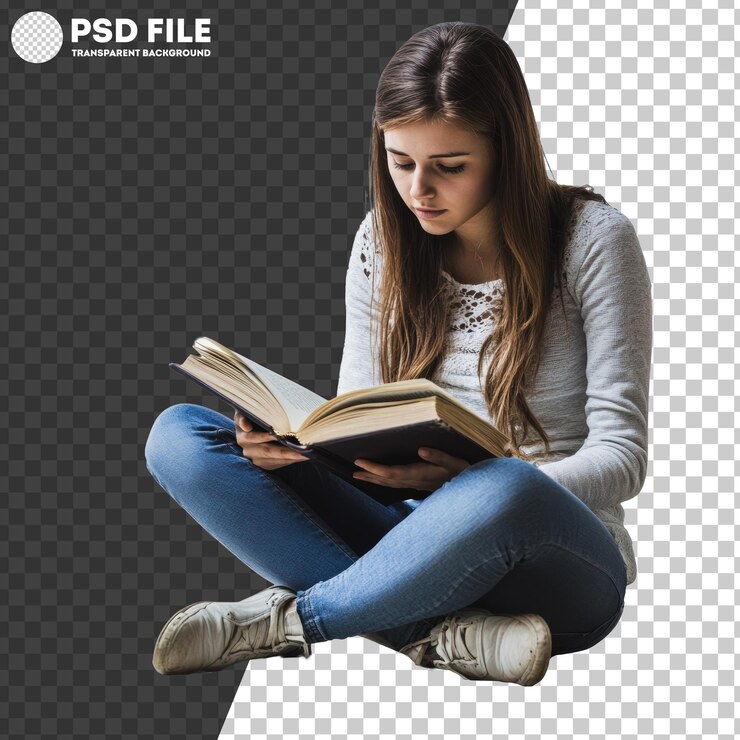 PSD png mujer joven leyendo en el interior
