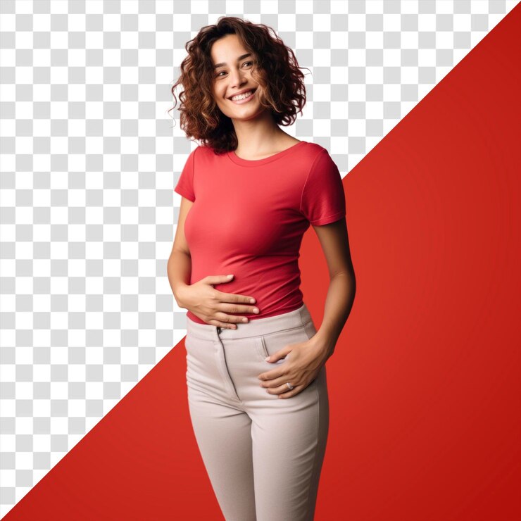 PSD png mulher feliz tocando sua barriga retrato manga sorriso