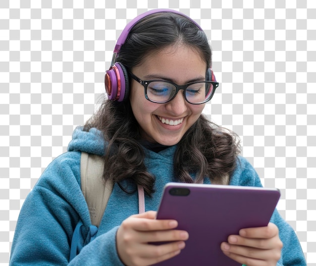 PNG Mulher jovem da América Latina fones de ouvido óculos de fundo
