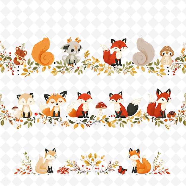 PSD png nature collage frames desenhos de fundo limpo com flores de animais e elementos de arte de linha