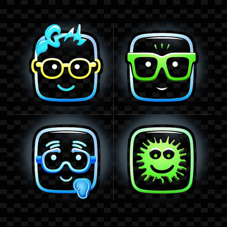 PSD png nerd face icon emoji con geeky inteligente y nerd expres líneas de neón y2k forma llamativa para el ojo