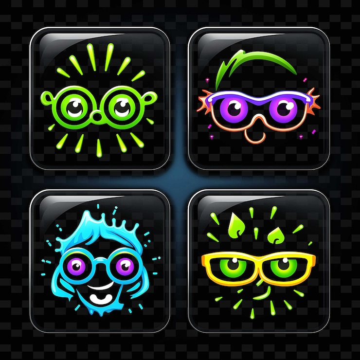 PSD png nerd face icon emoji con geeky inteligente y nerd expres líneas de neón y2k forma llamativa para el ojo