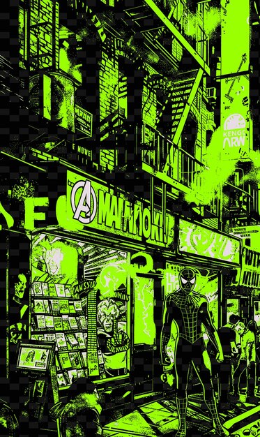PSD png new york avec une scène de rue de super-héros et une illustration de marvel comics