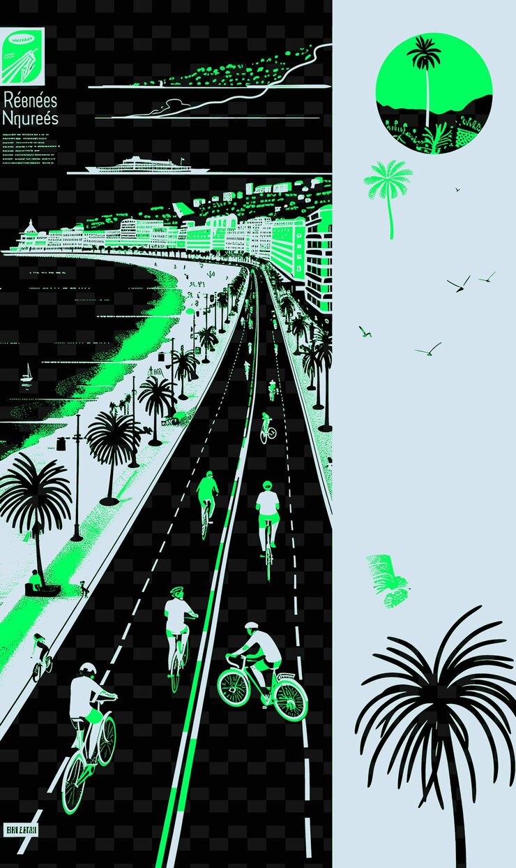 PSD png nices promenade des anglais con escénica escena de la calle mediterráneo ilustración de la ciudad escena decoración artística