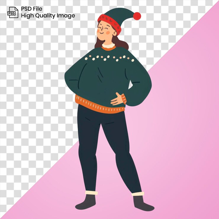 PSD png niña feliz con un suéter verde y sombrero de navidad ilustración de ropa mujer