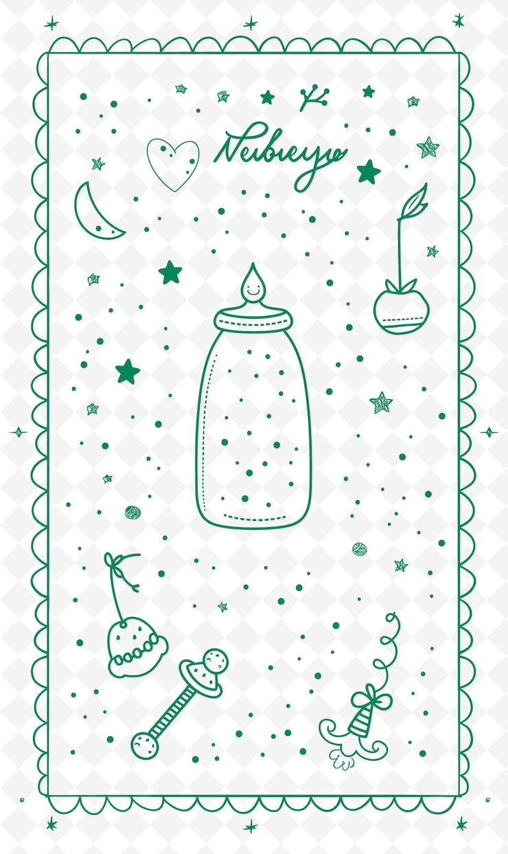 PSD png novo desenho de cartão postal de bebê com quadro estilo de desenho d outline arts scribble decorativo