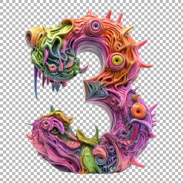 PSD png número 3 em estilo de desenho animado de fantasia isolado contra um fundo transparente para designs caprichosos, marcas lúdicas ou aplicações de tipografia imaginativa
