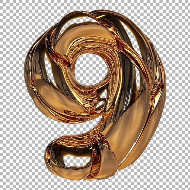 PNG Número 9 en estilo metálico dorado brillante aislado contra un fondo transparente para diseños de lujo marcas elegantes o aplicaciones de tipografía premium