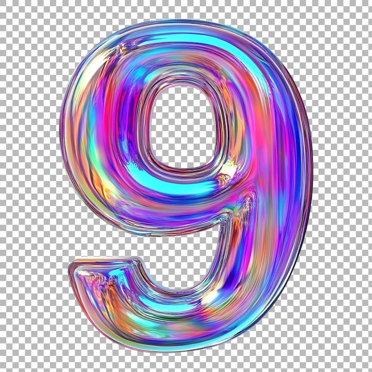PSD png numero 9 in stile sogno iridescente isolato contro uno sfondo trasparente per disegni sognanti marchi eleganti o applicazioni di tipografia magica