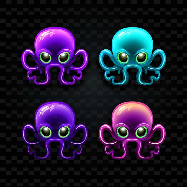 PSD png octopus face icon emoji com brincadeira surprised sleepy e mi neon lines y2k forma atraente