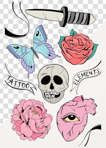 Png-Old-School-Flash-Tattoo-Design Vintage-Ikonensatz