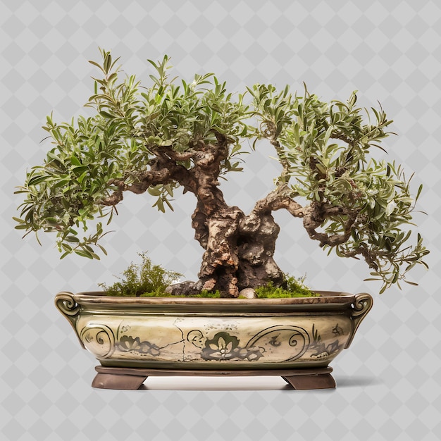 PSD png oliva bonsai terracotta pot hojas oblongas mediterráneas transparentes decoración de árboles diversos