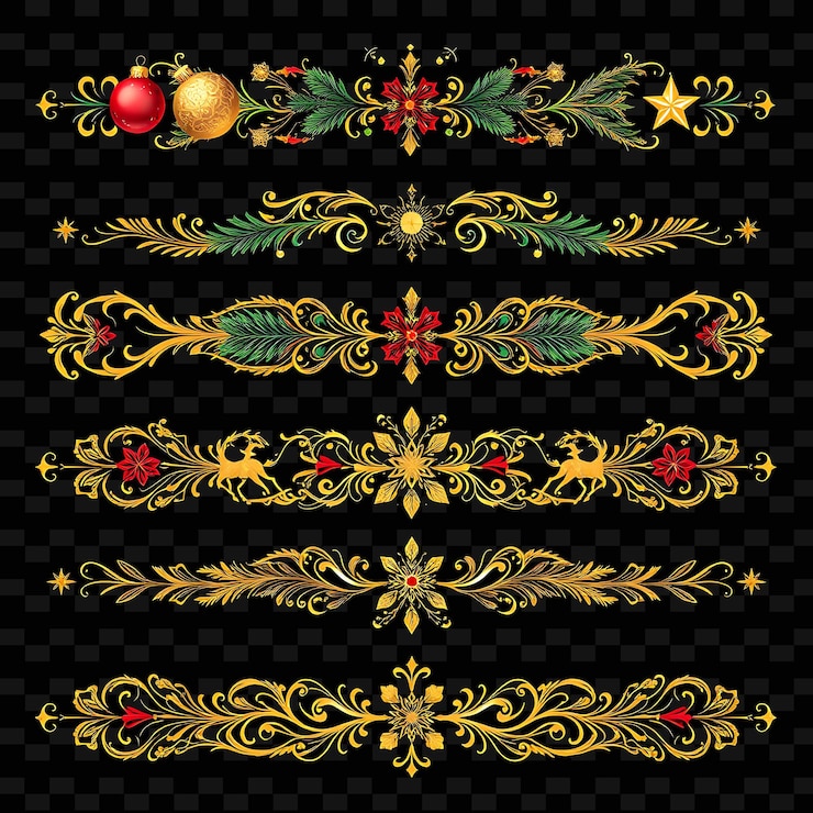 PSD png ornamentos abetos estrellas parpadeantes y renos oro suave emer ilustración deviders designa
