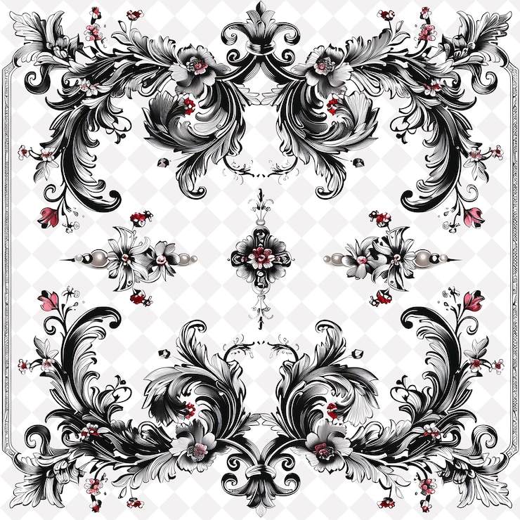 PSD png ornate scrollwork con confini floreali e faunistici progetta un'arte creativa di design della natura