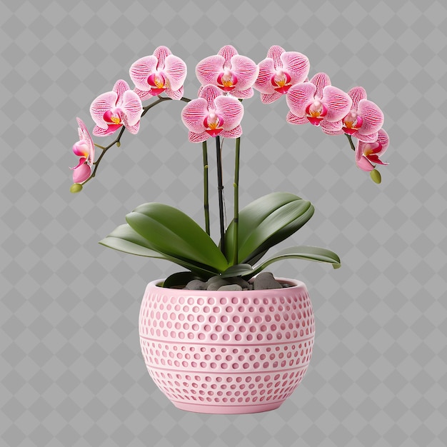 PSD png una orquídea en una olla de cerámica con diseño de puntos aborígenes en un árbol interior en s en un fondo limpio