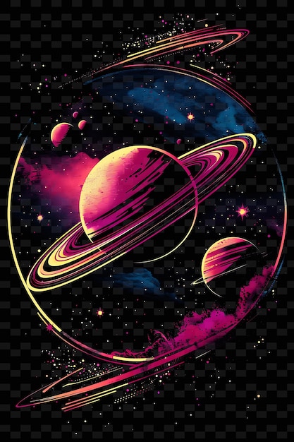 PSD png oval decal con representaciones de planetas y con el cosmos radiante creativo neón y2k decorativei de forma