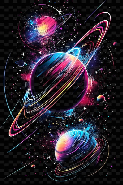 PSD png oval decal con representaciones de planetas y con el cosmos radiante creativo neón y2k decorativei de forma